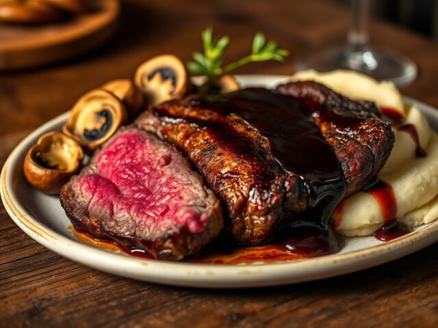 Entrecôte Maxima met gebakken cantharellen,zoete k
