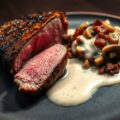 Entrecôte met in room gestoofde paddenstoelen.