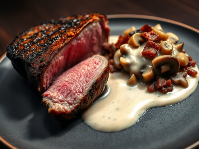 Entrecôte met in room gestoofde paddenstoelen.