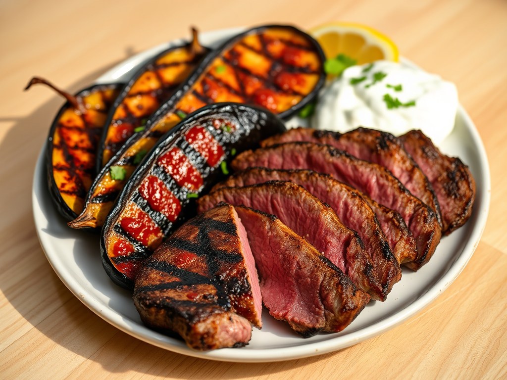 Entrecôte Prik met Aubergine Grillé, AI-gegenereerde illustratie