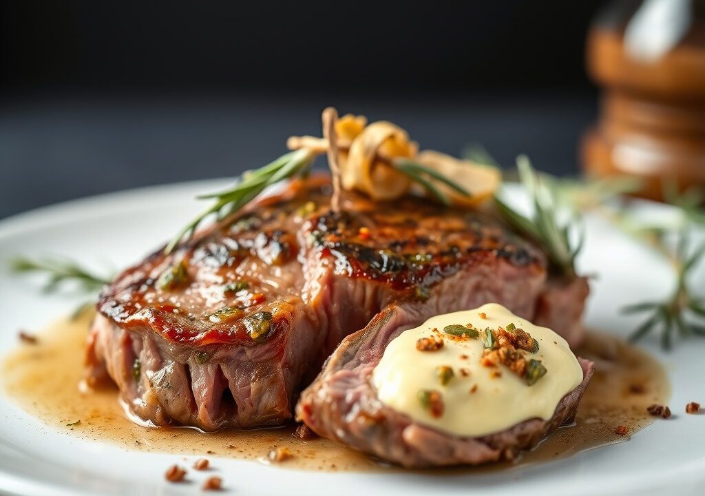 Entrecote met ansjovis-tapenade-boter — AI-gegenereerde illustratie