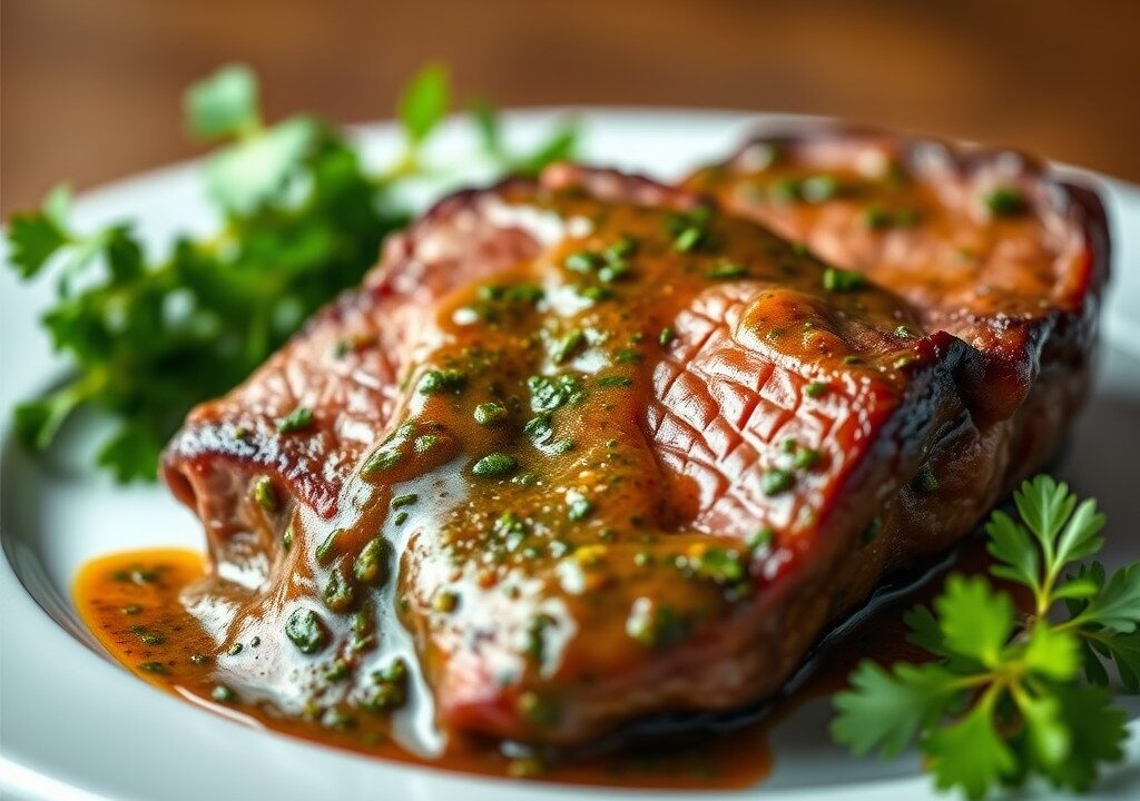 Entrecote met chimichurrisaus, AI-gegenereerde illustratie