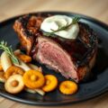 Entrecote met mascarpone, schorseneren en zoete aardappelkoekjes