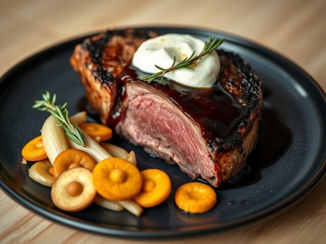 Entrecote met mascarpone, schorseneren en zoete aardappelkoekjes