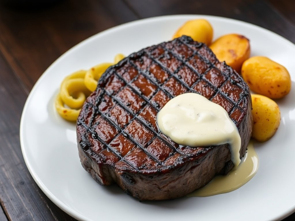 Entrecote met prei en mascarpone, AI-gegenereerde illustratie