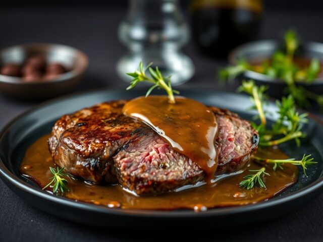 Entrecote met saus van ansjovis en olijven — AI-gegenereerde illustratie