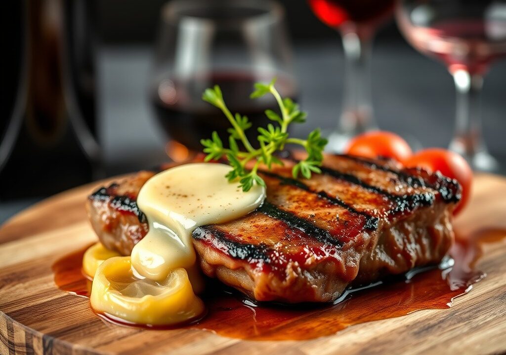 Entrecote met sjalottenboter en wijnjus, AI-gegenereerde illustratie