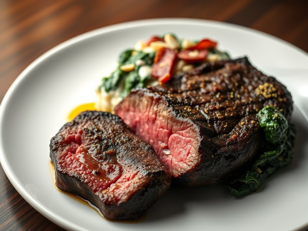 Entrecote met spinazie á la créme, AI-gegenereerde illustratie