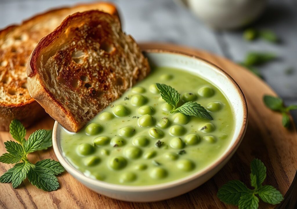 Erwten muntsoepje met toast, AI-gegenereerde illustratie