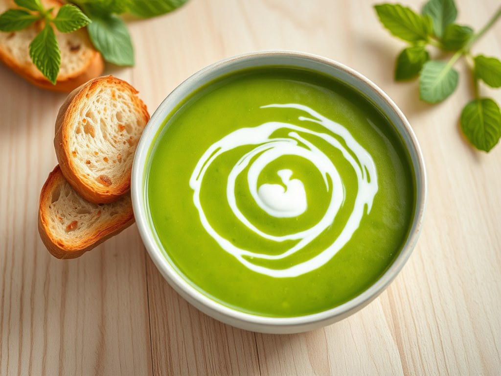 Erwten muntsoepje met toast, AI-gegenereerde illustratie