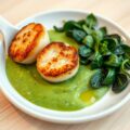 Erwtenpuree met gegrilde jacobsschelpen en spinazi