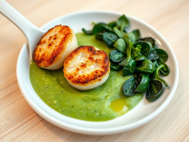 Erwtenpuree met gegrilde jacobsschelpen en spinazi