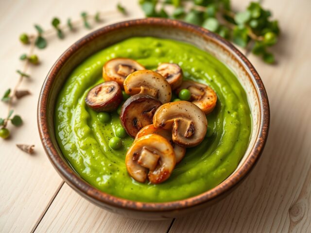 Erwtenpuree met vegetarische rookworst en champignons