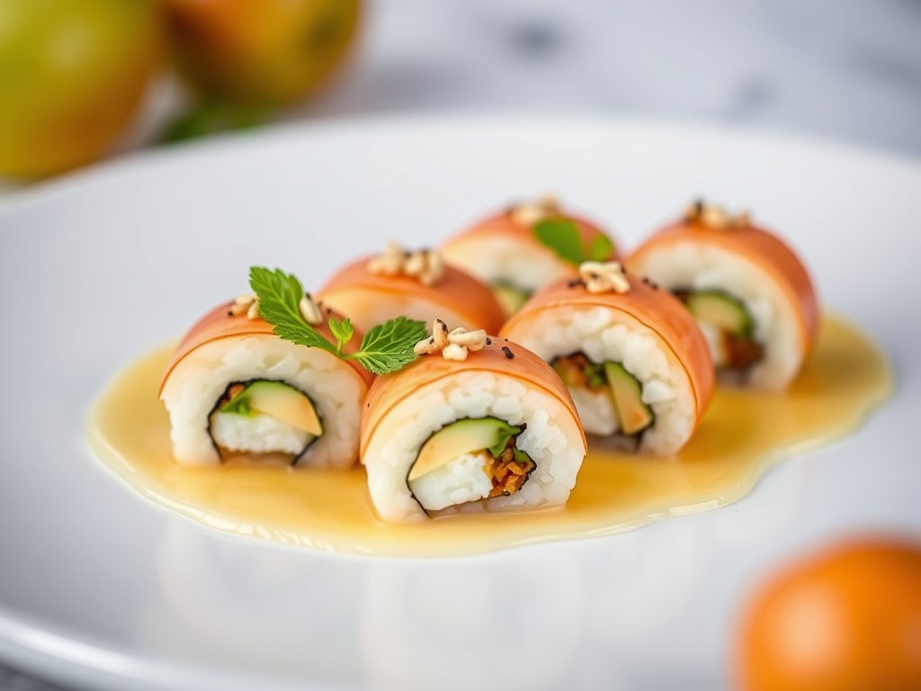 Espuma van appel, sushi en maatjes, AI-gegenereerde illustratie