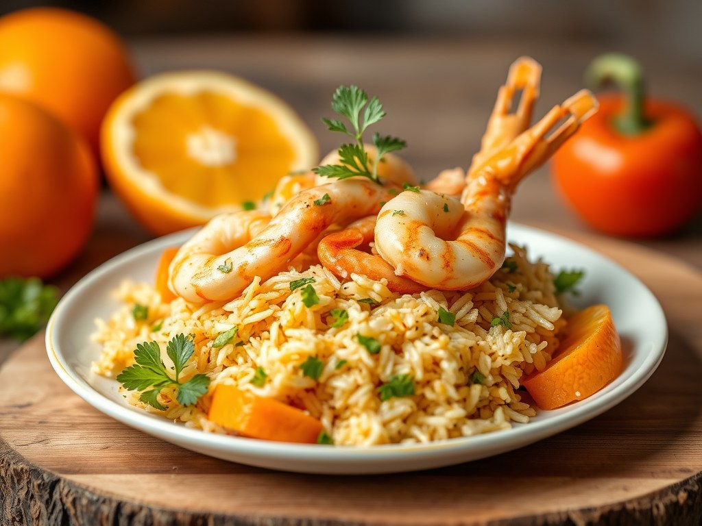 Exotische salade van scampi, AI-gegenereerde illustratie