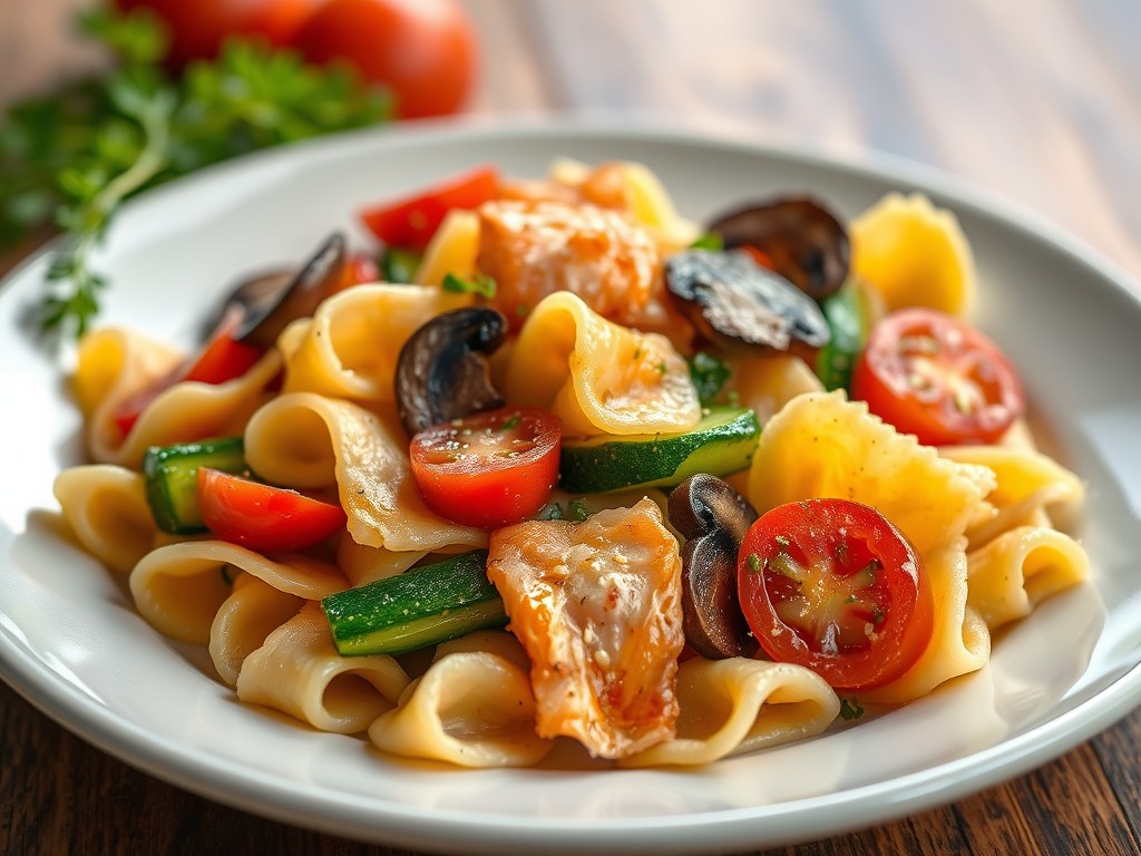 Farfalle met gebakken groenten, zalm en tomaat, AI-gegenereerde illustratie