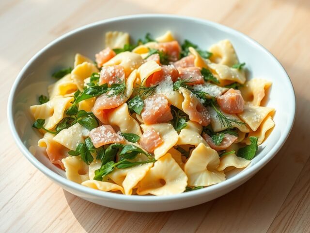 Farfalle met gerookte zalm, ricotta en dille