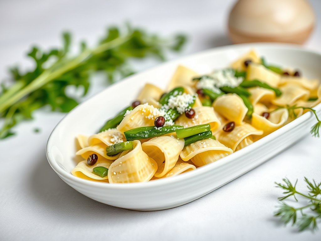 Farfalle met lentegroenten, AI-gegenereerde illustratie