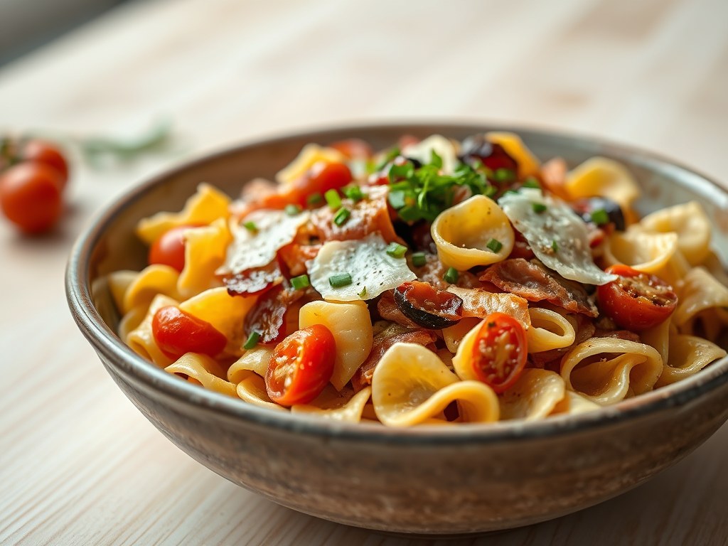 Farfalle met zongedroogde tomaatjes, AI-gegenereerde illustratie