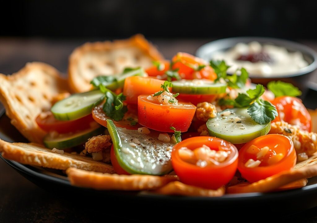 Fattouche met krokante broodreepjes, AI-gegenereerde illustratie