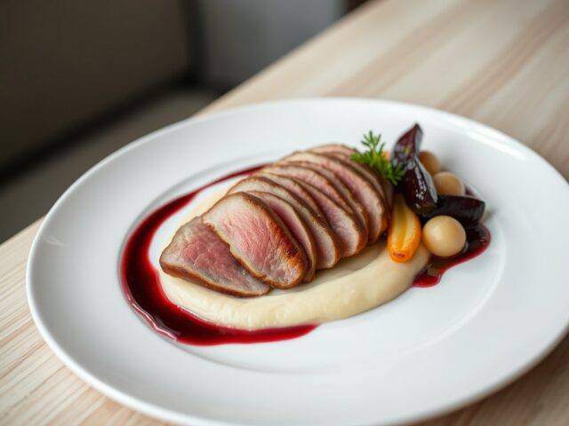 Fazantfilet met gekonfijte rode biet, puree van pastinaak en raapjes