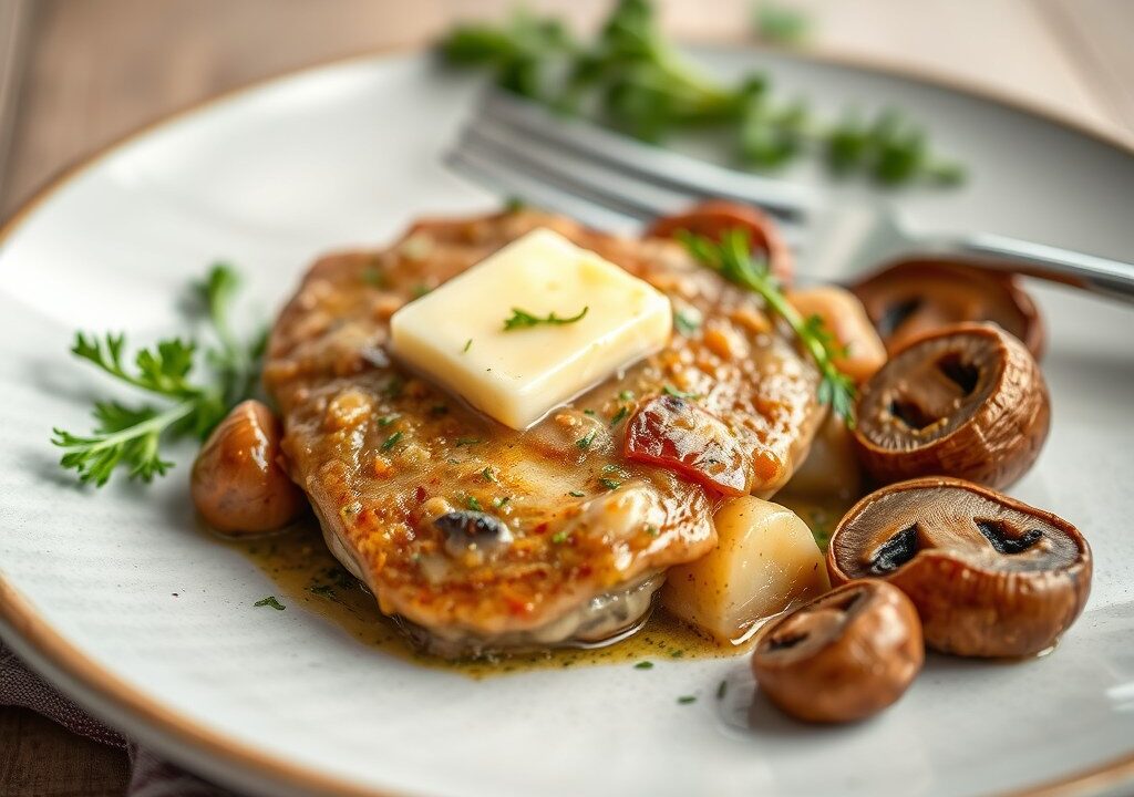 Fazantfilet met zuurkool en gekonfijte champignons, AI-gegenereerde illustratie