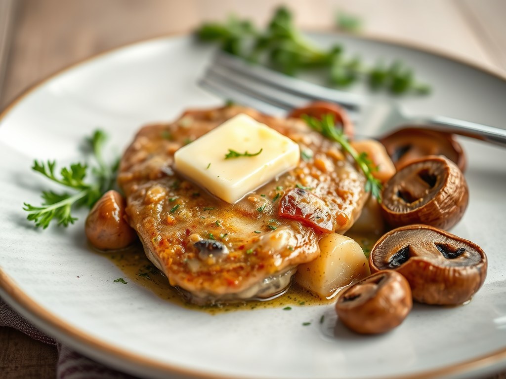 Fazantfilet met zuurkool en gekonfijte champignons, AI-gegenereerde illustratie