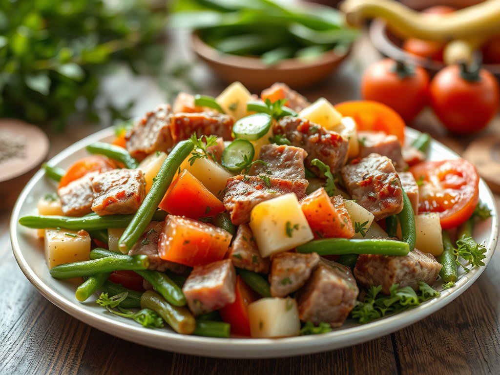 Feestelijke salade met diverse vleeswaren, AI-gegenereerde illustratie