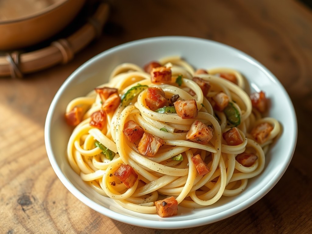 Fettuccine met witloof en spekblokjes, AI-gegenereerde illustratie
