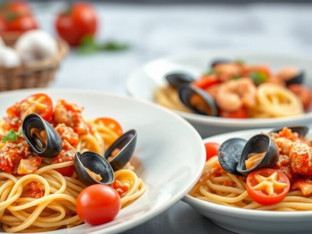 Fettucine met mosselen-krabsaus — AI-gegenereerde illustratie