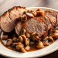 Filetgebraad, met sausje van geflambeerde champignons