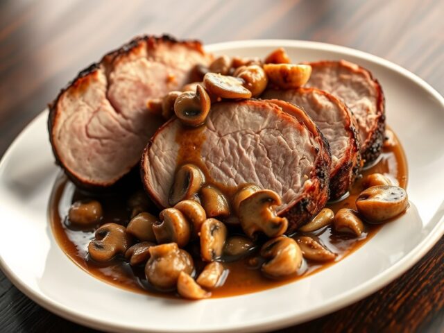 Filetgebraad, met sausje van geflambeerde champignons