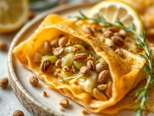 Filo met prei, pistachenoten en hervekaas (zie opm