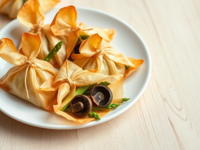 Filobuideltjes met asperges, peultjes en morieljes