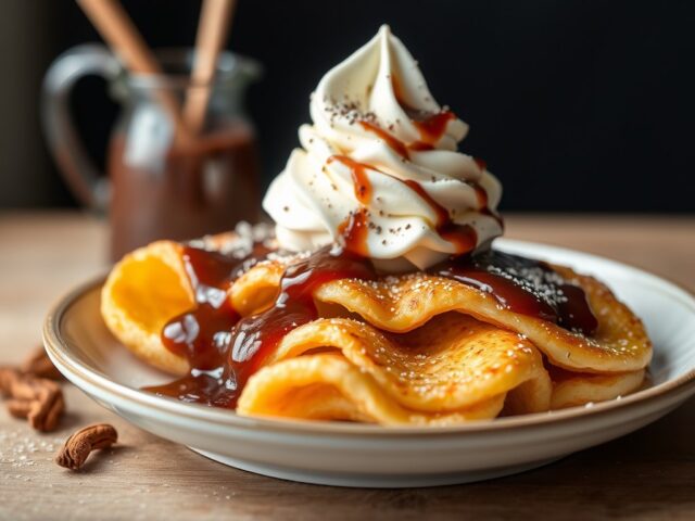 Flensjes met vanille ijs en warme chocoladesaus