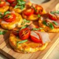 Foccaciaringen met gebakken tomaatjes en gegrilde hamreepjes