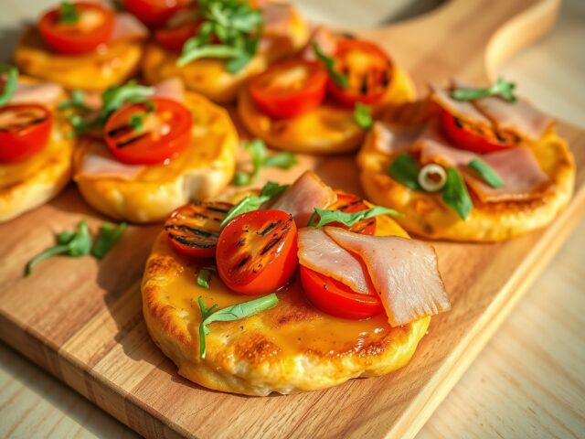 Foccaciaringen met gebakken tomaatjes en gegrilde hamreepjes