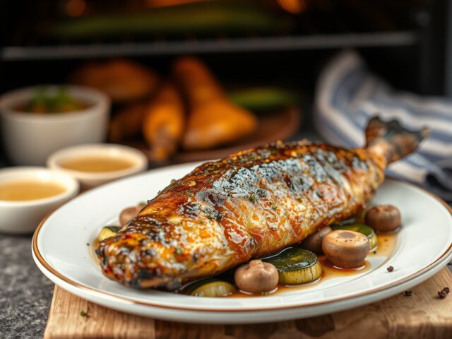 Forel en groenten uit de oven — AI-gegenereerde illustratie