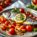 Forel in papillot met kerstomaatjes en citroen