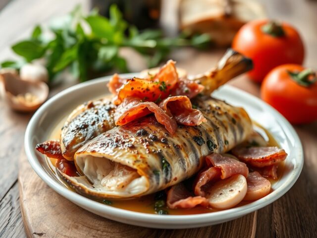 Forel met serrano-ham (Trucha a la Navarra) — AI-gegenereerde illustratie