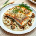 Forelfilets met verschillende soorten paddenstoele
