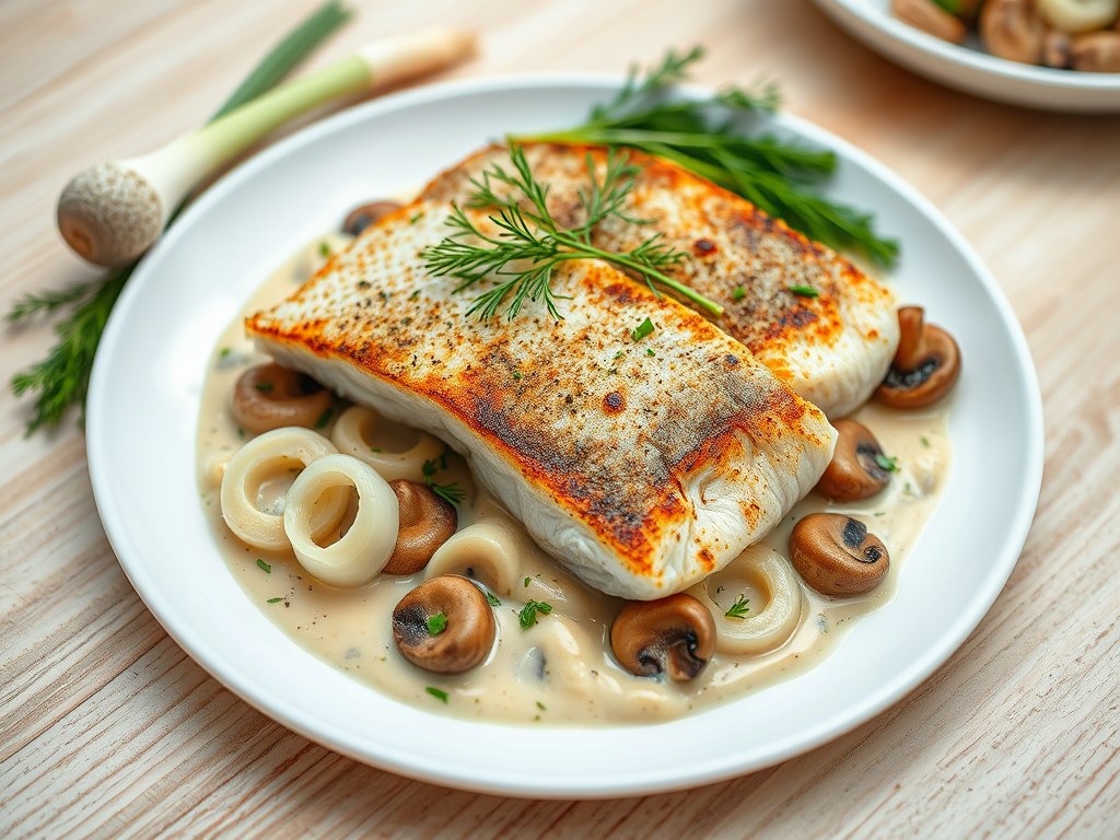 Forelfilets met verschillende soorten paddenstoele, AI-gegenereerde illustratie