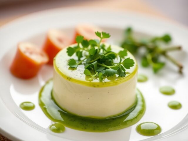 Forelmousse met een coulis van waterkers