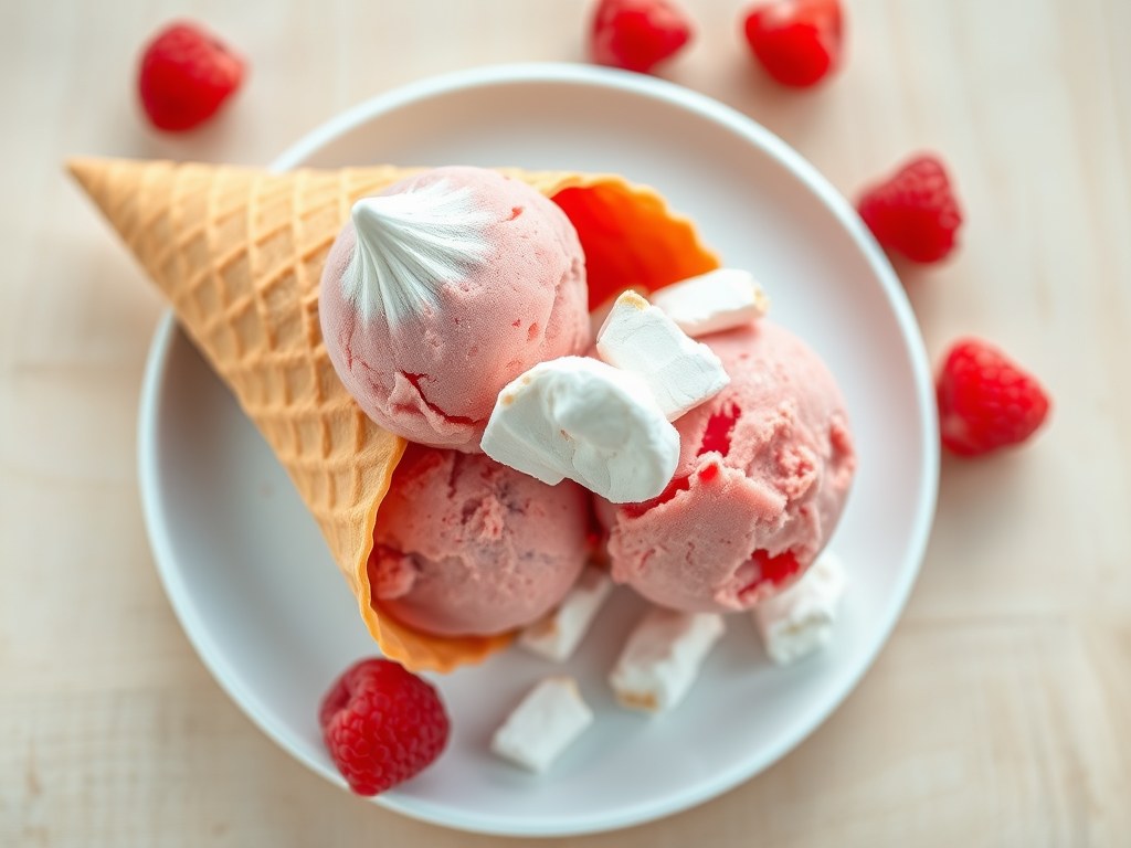 Frambozensorbet met schuimpjes, AI-gegenereerde illustratie