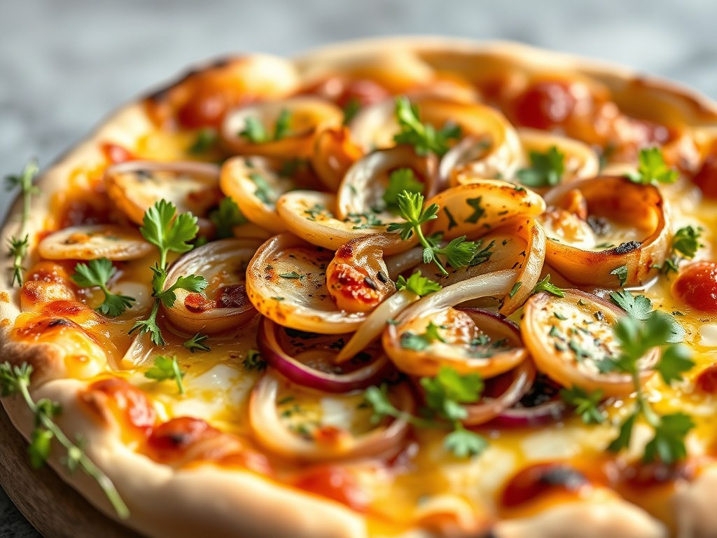 Franse uienpizza met groene salade (pissaladière), AI-gegenereerde illustratie