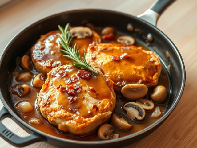 Franse varkenslappen met champignons en spekjes
