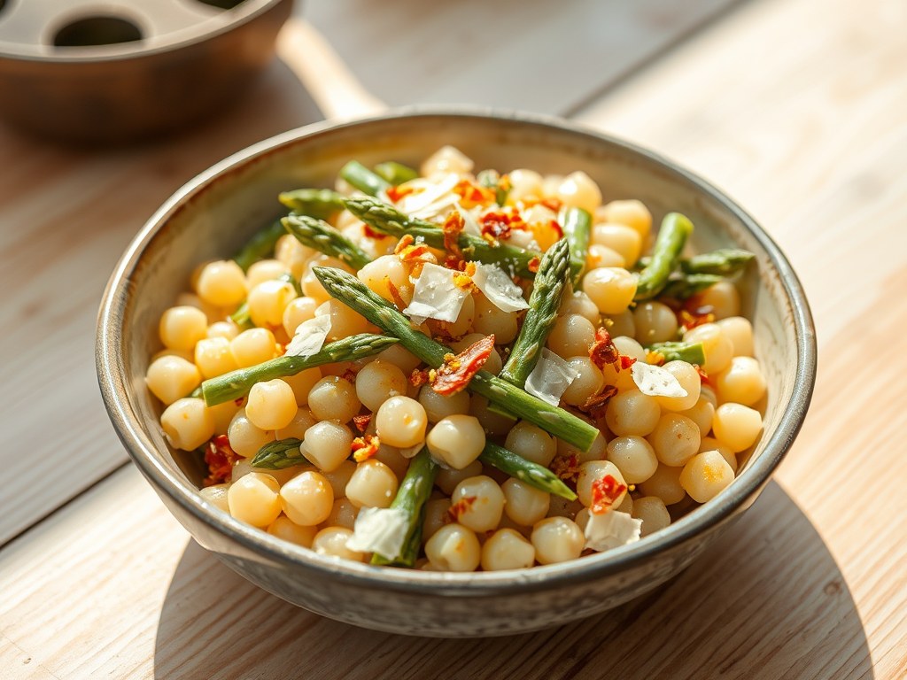 Fregula met Groene Asperges en Citroen, AI-gegenereerde illustratie