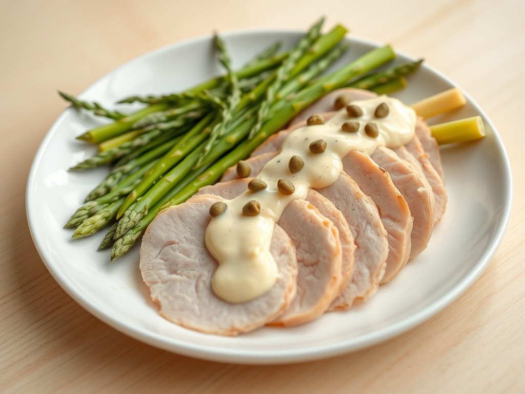 fricandeau met aspergemayonaise, AI-gegenereerde illustratie