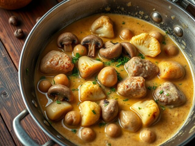 Fricassee met witbier, bloemkool, champignons en krieltjes