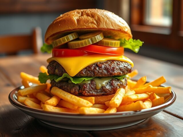 Frietjes met een hamburger van het huis ( zie opm)
